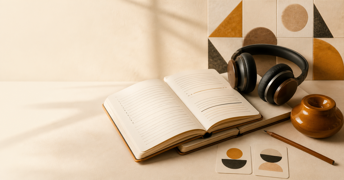 Layered language notebooks, headphones and paired abstract comparison cards in a warm amber studio.